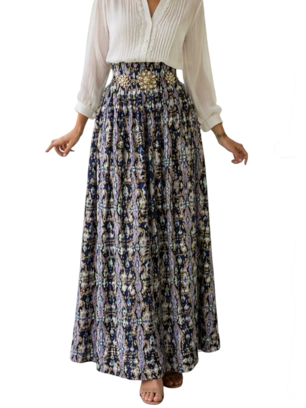 Tibi Silk Pleated Ikat Print Maxi Skirt Purple Navy Blue Boho Size 12